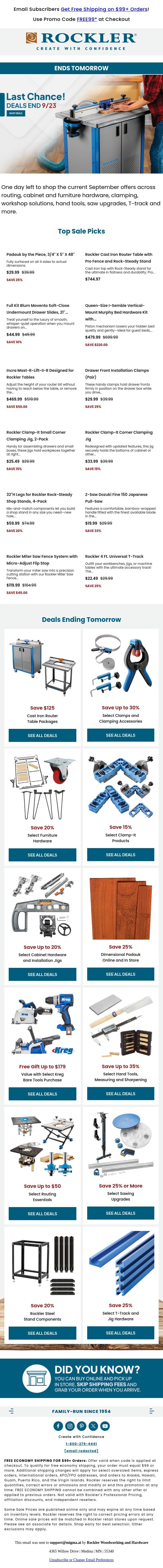 Ends Tomorrow: Last Chance on These Deals email from Rockler screenshot