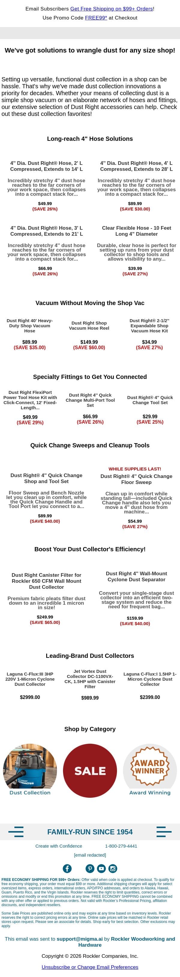 Dust Collection Favorites email from Rockler screenshot