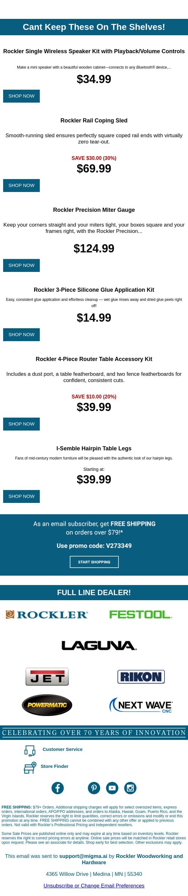 Reminder: Free Shipping & Popular Picks Inside! email from Rockler screenshot