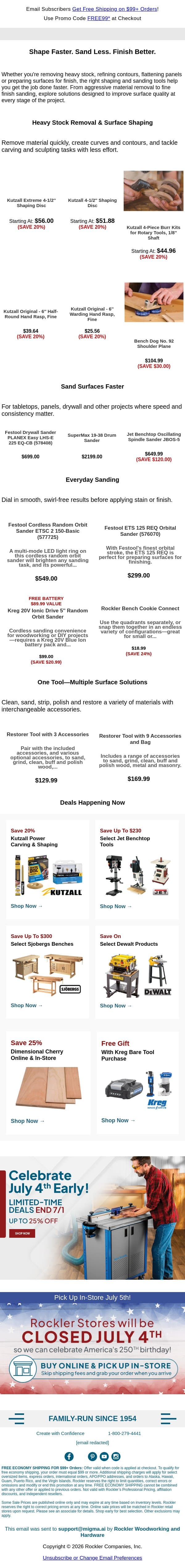 Get a Smoother Finish with Better Shaping & Sanding email from Rockler screenshot