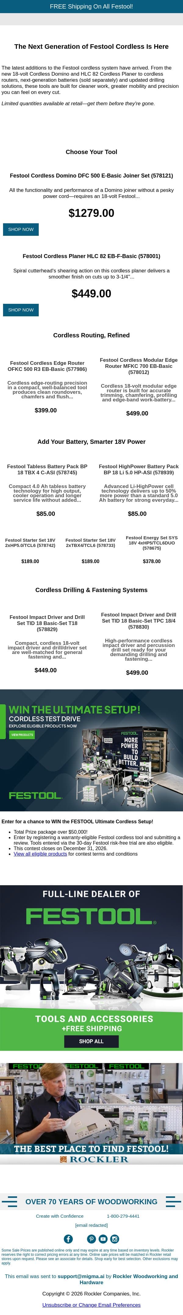 Now Shipping: New Festool Cordless + Win a System! email from Rockler screenshot