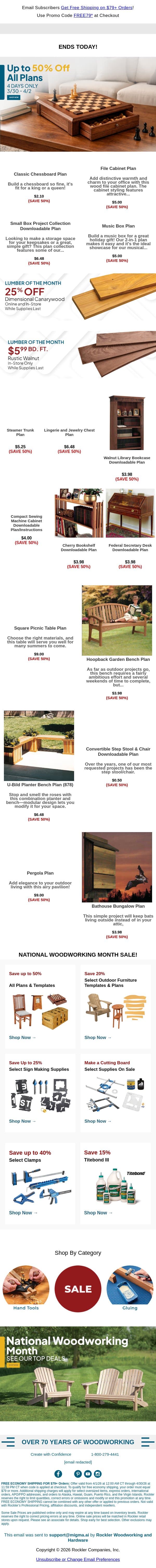 Last Day: Up to 50% Off All Plans & Templates email from Rockler screenshot