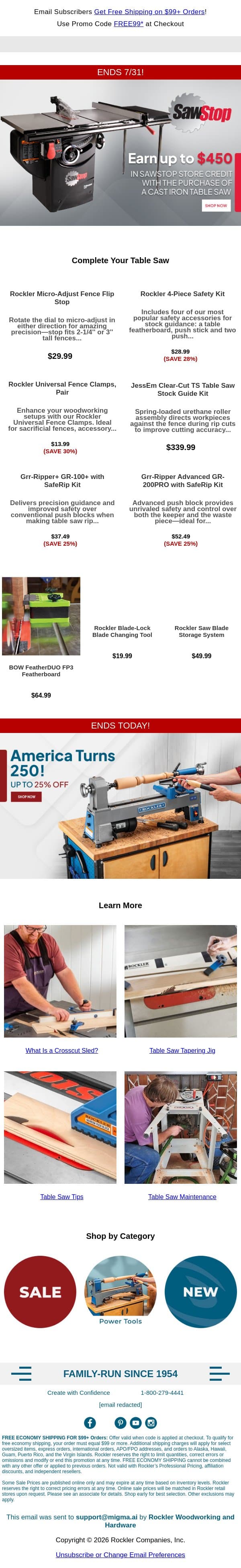SawStop Savings End Soon + Hundreds of Deals End Today! email from Rockler screenshot