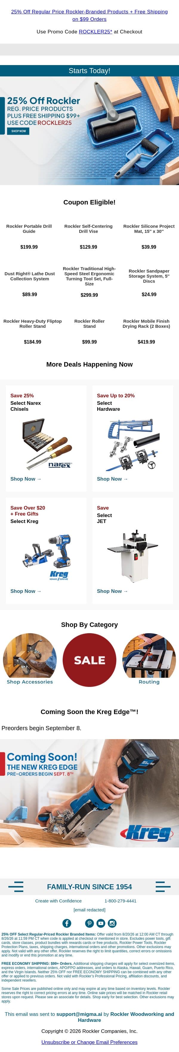Starts Today: 25% Off Regular-Price Rockler Products + Free Shipping $99+ email from Rockler screenshot