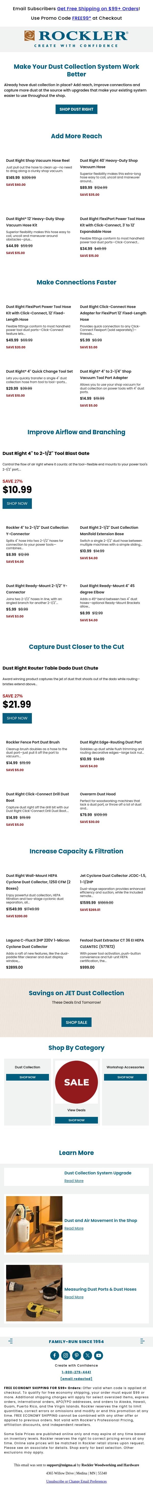 Breathe Easier! Upgrade Your Dust Collection System email from Rockler screenshot