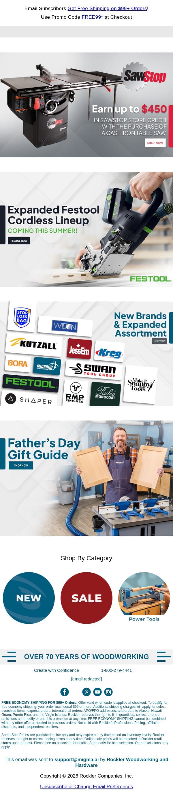 SawStop Store Credit Is Back + More from Top Brands email from Rockler screenshot
