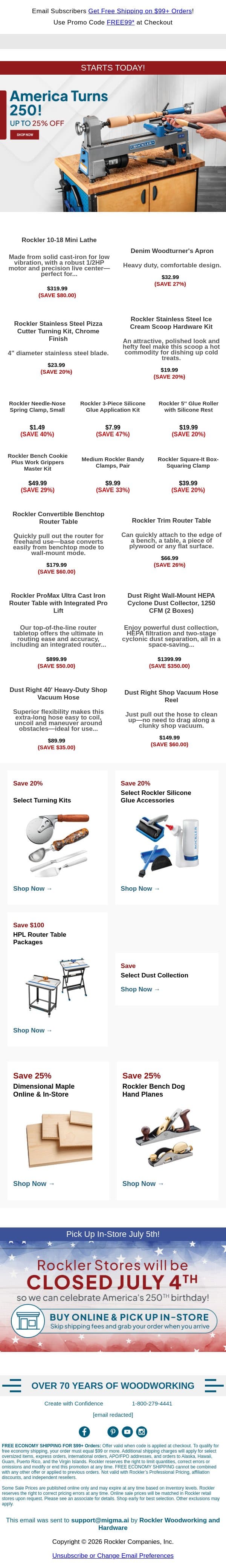 America Turns 250🇺🇸 🦅! Up to 25% Off email from Rockler screenshot