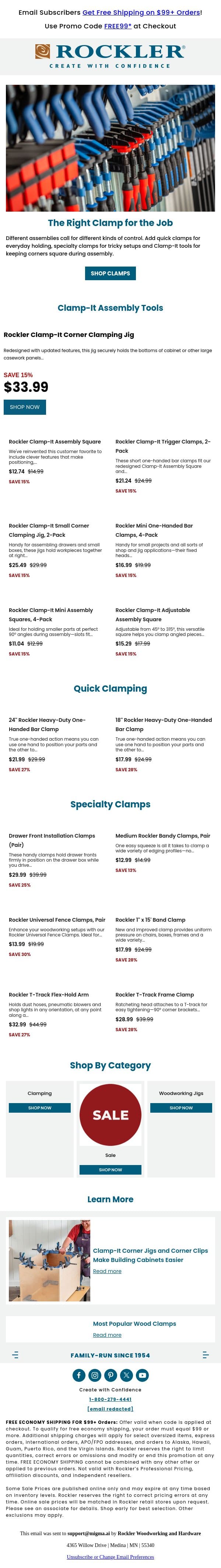 For the First Time: Save 15%+ on Clamp-It email from Rockler screenshot