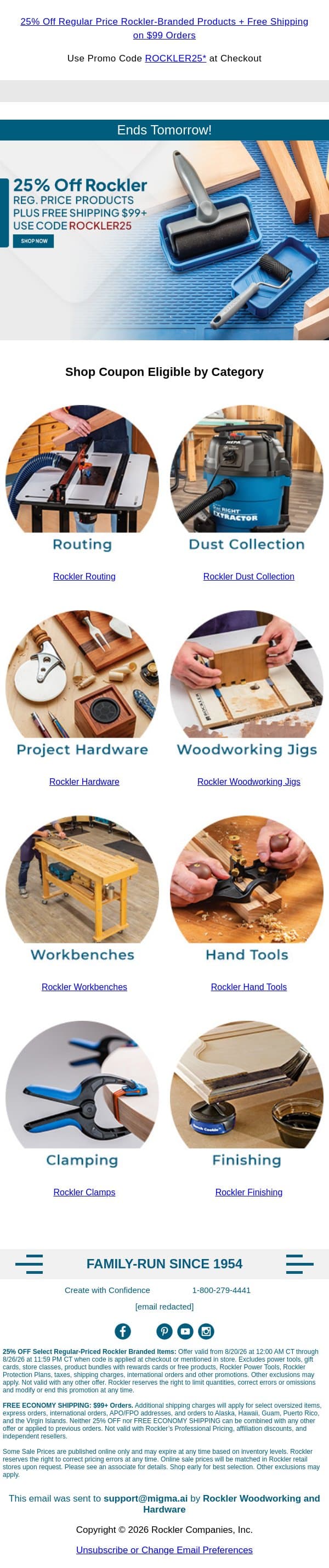 Only 1 Day Left to Use Your Coupon! email from Rockler screenshot