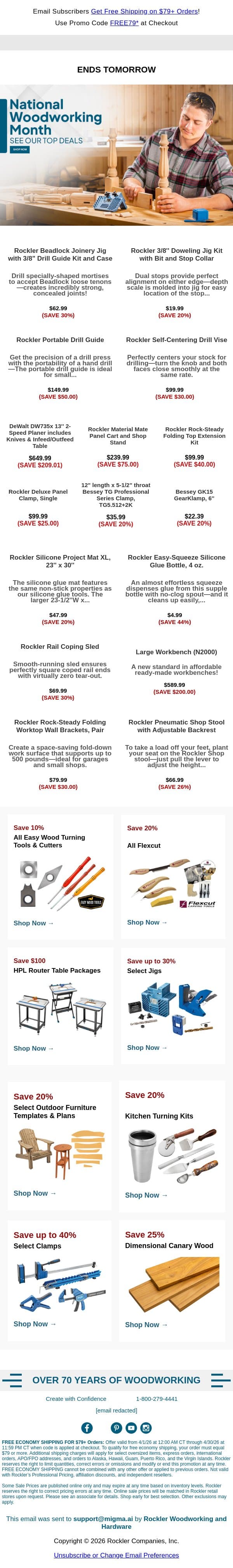 Ends Tomorrow — Our National Woodworking Month Deals email from Rockler screenshot