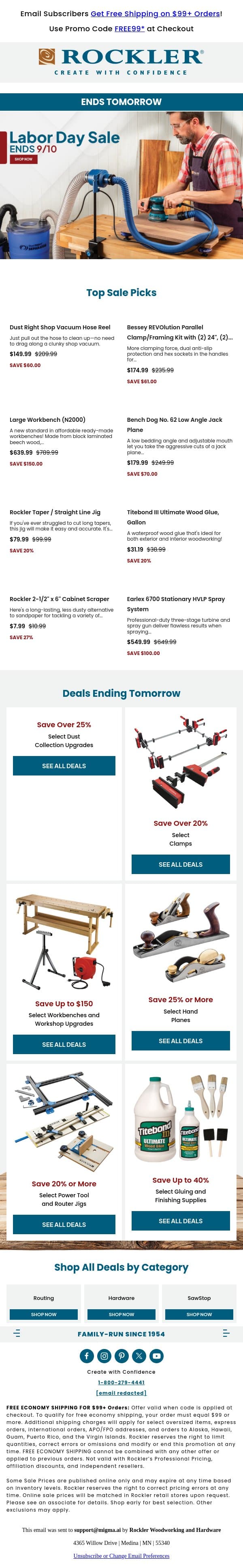 Last Call: Labor Day Deals End Tomorrow email from Rockler screenshot