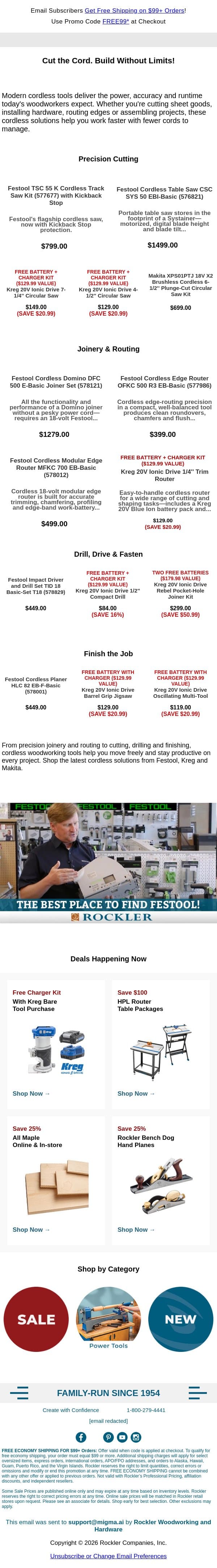 Cut the Cord. Keep the Performance email from Rockler screenshot