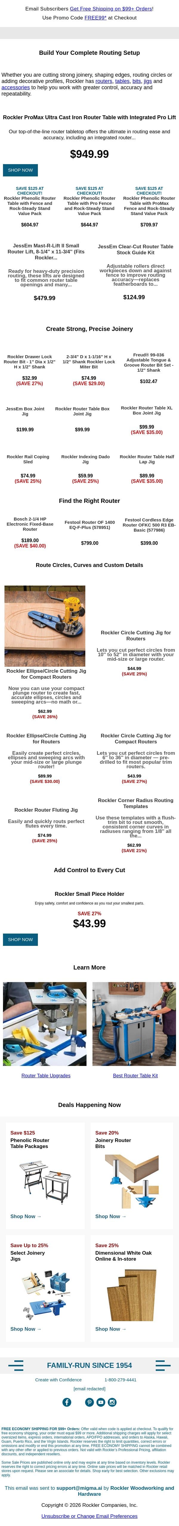 Rout Rout Rout for the Home Team email from Rockler screenshot