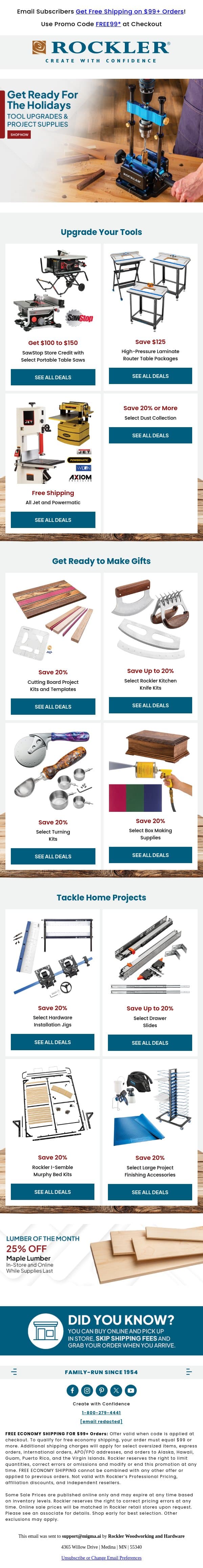 Get Ready! Upgrade Your Tools for Holiday Gifts and Home Projects email from Rockler screenshot