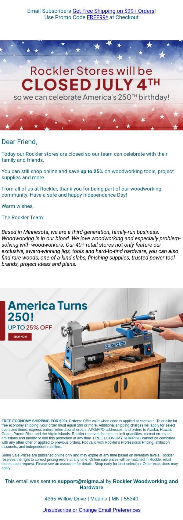 Happy 4th of July from Rockler! email from Rockler screenshot