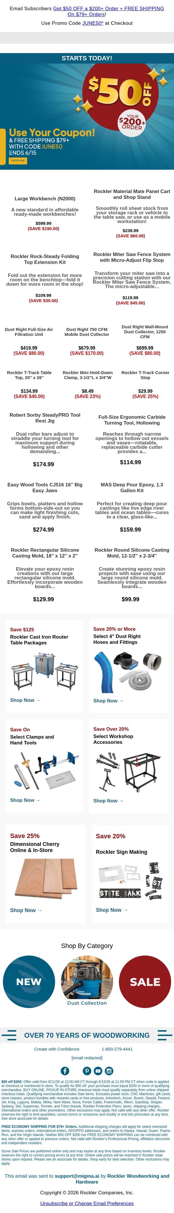 5 Days Only: Save $50 on $200+ Orders + Free Shipping on $79+! email from Rockler screenshot