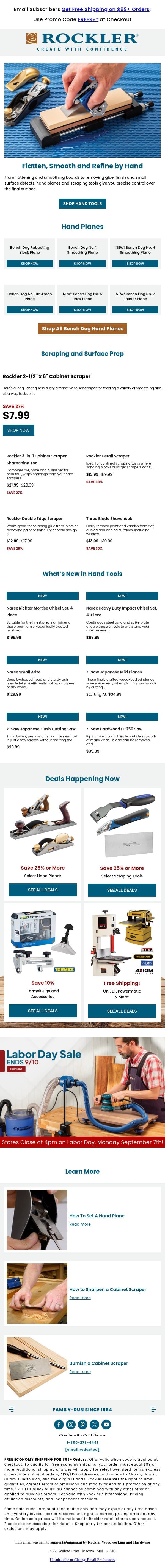 Measure Twice. Stay Sharp. Save on Hand Tool Favorites! email from Rockler screenshot