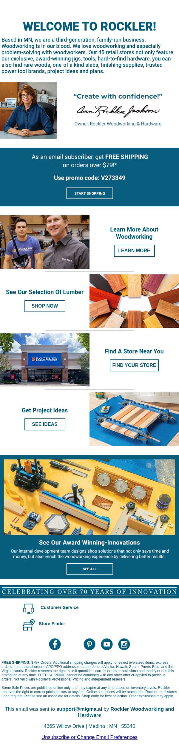 Welcome To Rockler! email from Rockler screenshot