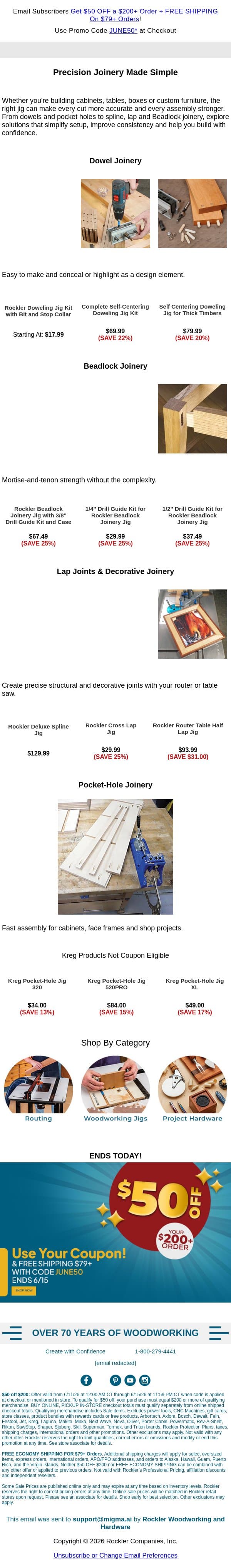 Joinery Made Easier + Coupon Ends Today email from Rockler screenshot