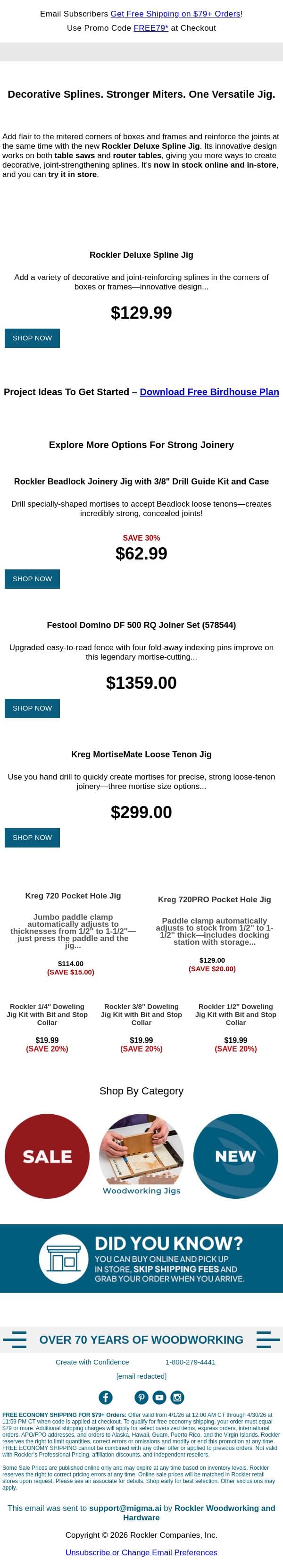 Now In Stock: New Rockler Deluxe Spline Jig for Table Saws & Router Tables! email from Rockler screenshot