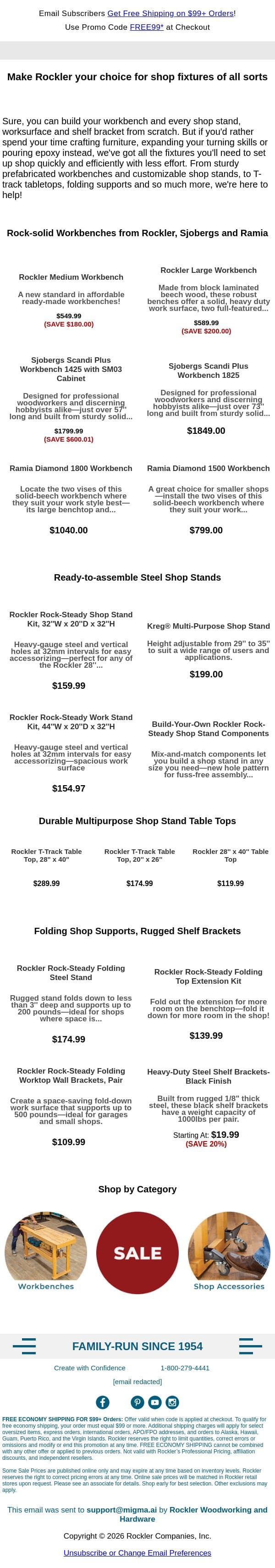 We Have the Workbenches and Shop Solutions You Need! email from Rockler screenshot