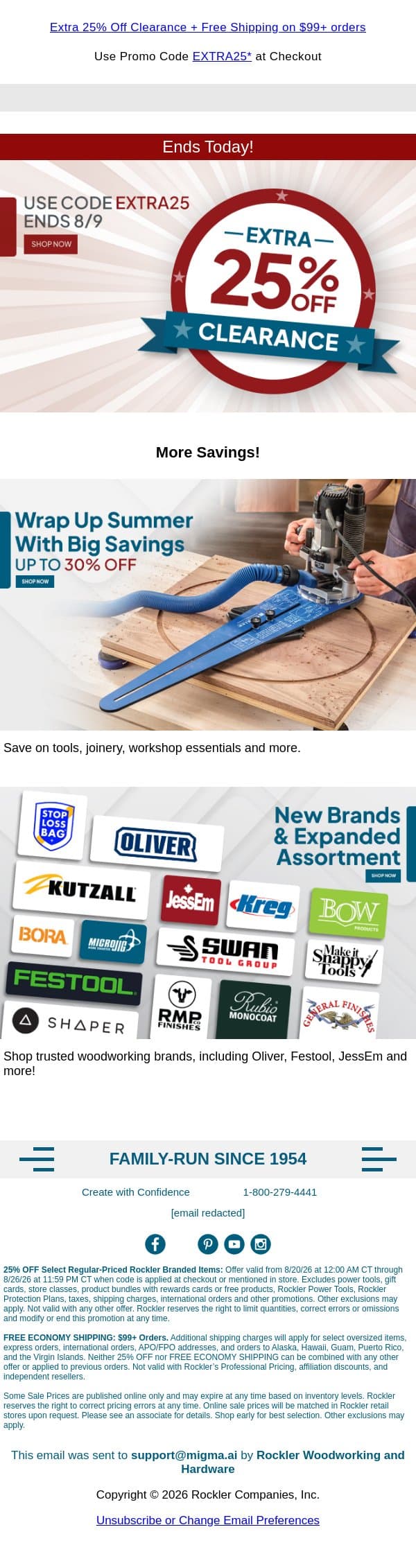 Final Day: Extra 25% Off Clearance Prices email from Rockler screenshot