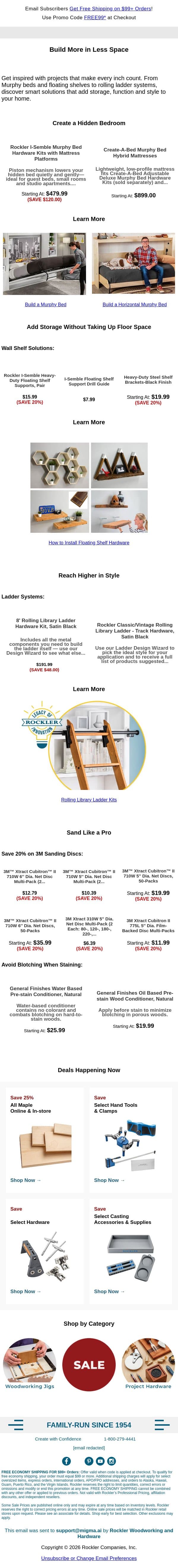 Make More Space with Smart Hardware Solutions email from Rockler screenshot