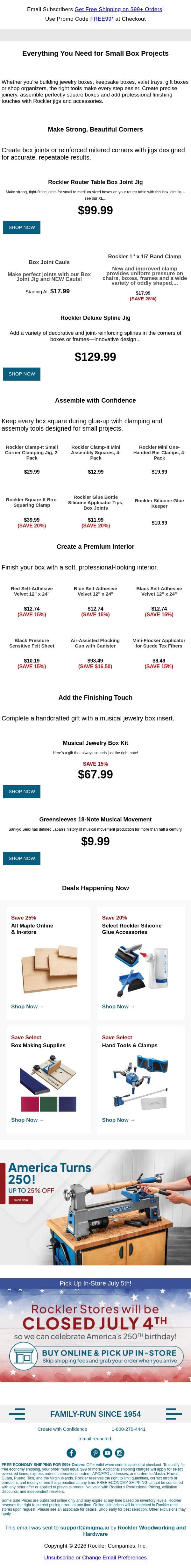 Build Better Small Boxes email from Rockler screenshot