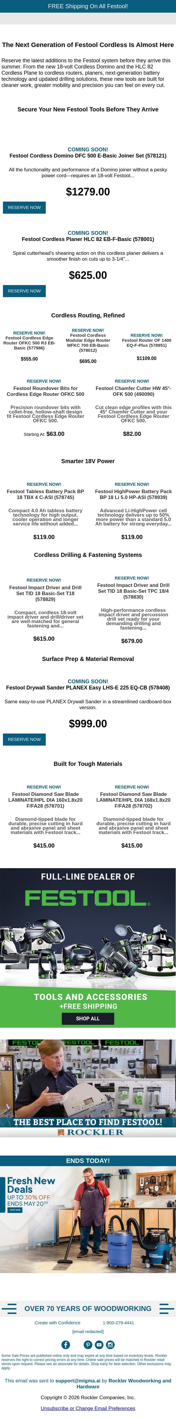 Reserve the Latest Festool Innovations email from Rockler screenshot