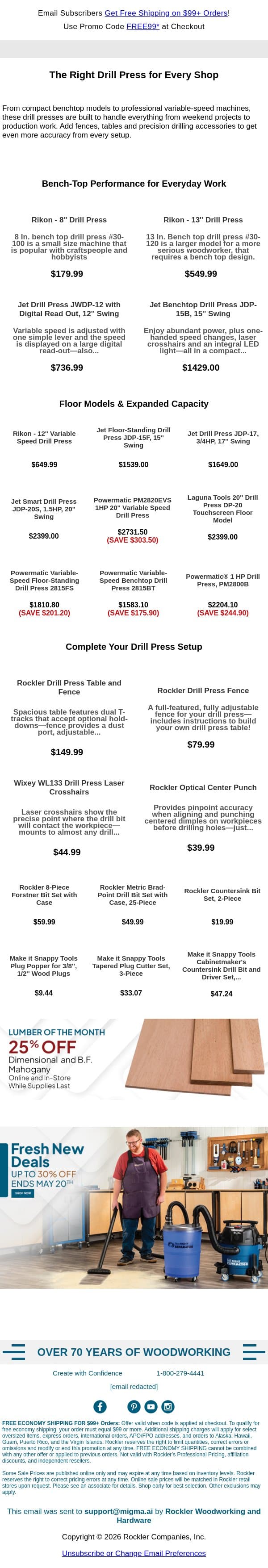 Drill Press Precision in One Place email from Rockler screenshot