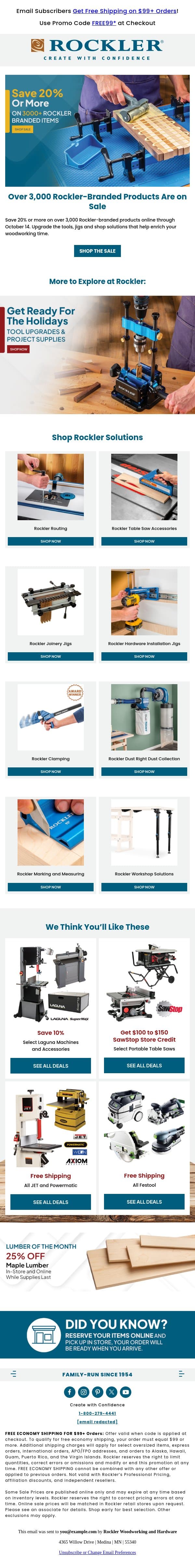 Save 20% or More on 3,000+ Rockler-Branded Items email from Rockler screenshot
