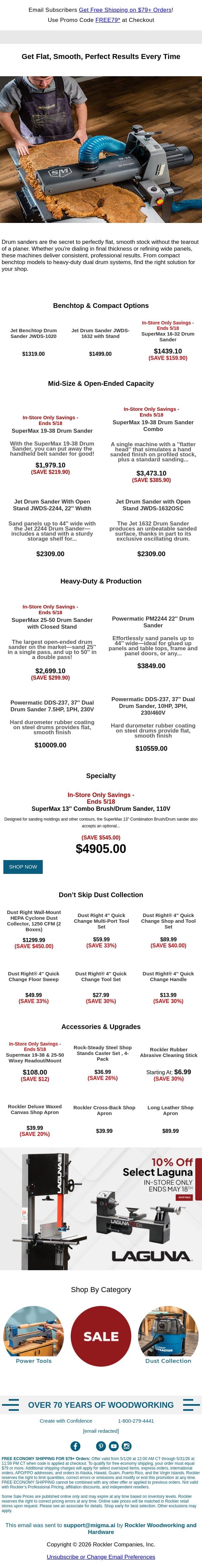 Get Smoother Results with Drum Sanding email from Rockler screenshot