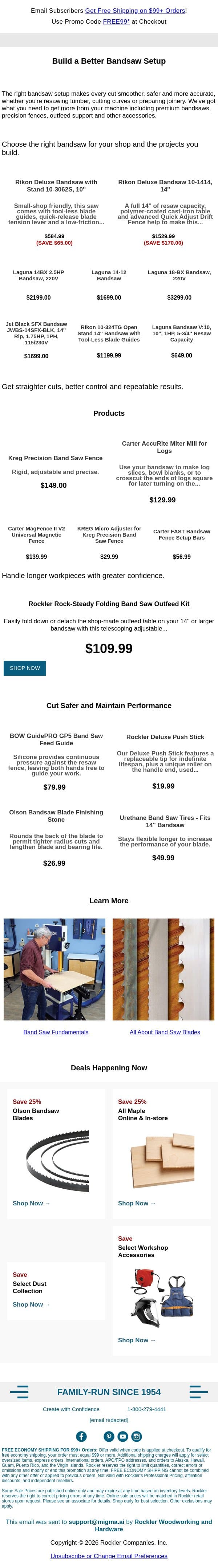 Band Saws and Accessories for Better Results email from Rockler screenshot