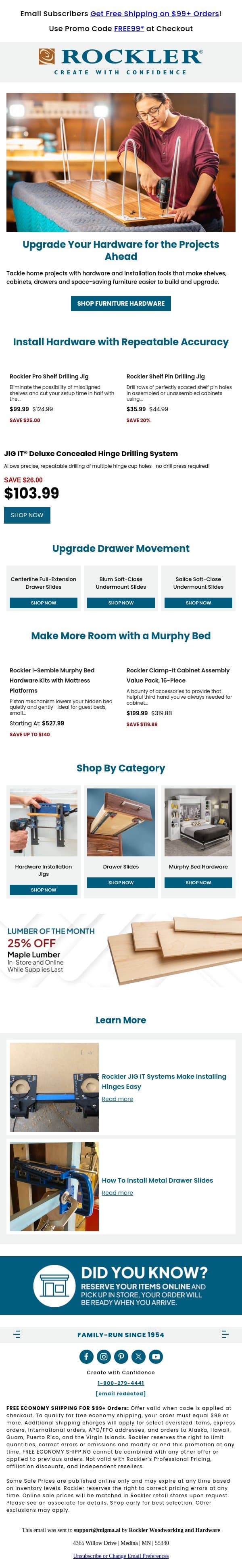 Hardware Upgrades for Shelves, Drawers and More! email from Rockler screenshot