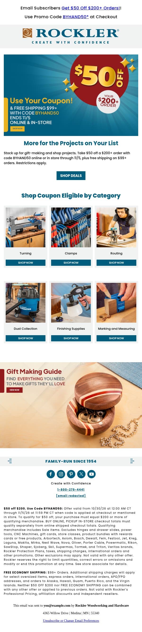 Take $50 Off Your $200+ Order email from Rockler screenshot