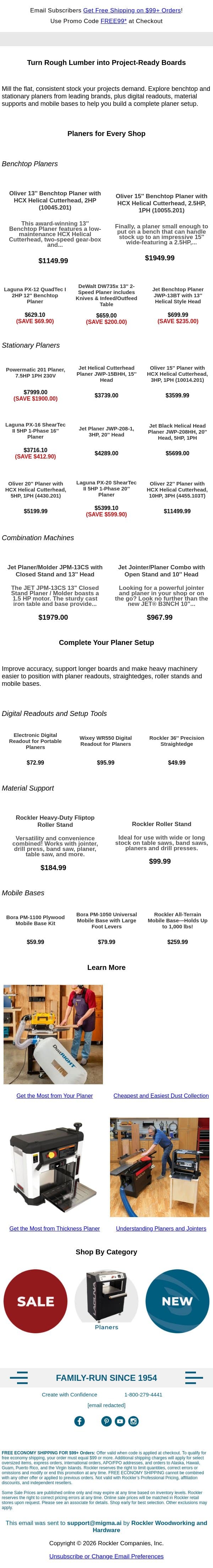 Find the Right Planer for Your Shop email from Rockler screenshot