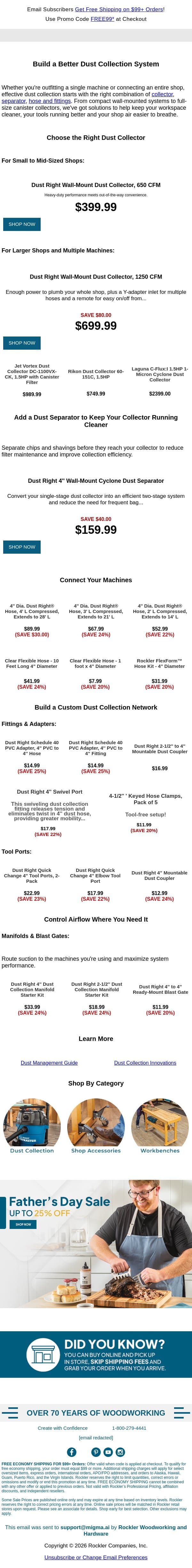 Make the Right Connection with 4" Dust Fittings email from Rockler screenshot
