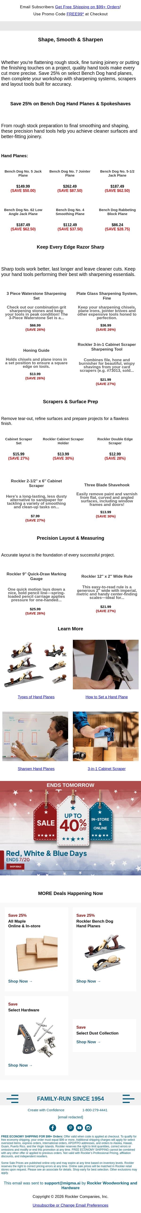 Shape, Smooth & Sharpen. Save 25% on Hand Planes! email from Rockler screenshot
