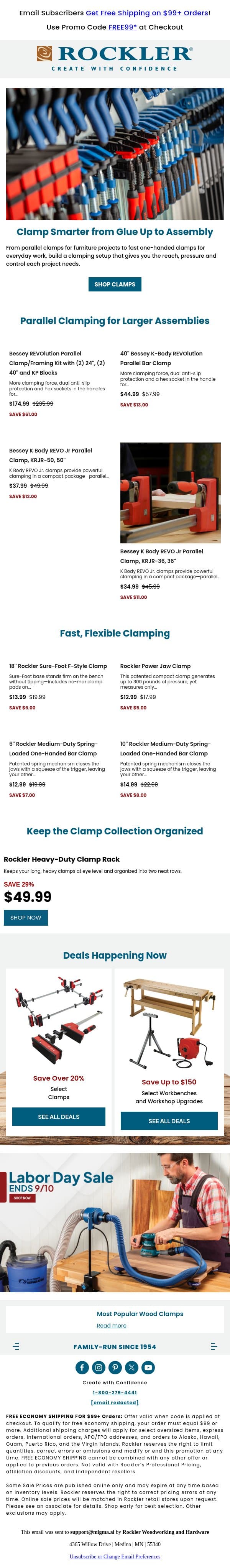 Hold Everything: Labor Day Clamp Deals Are Here email from Rockler screenshot