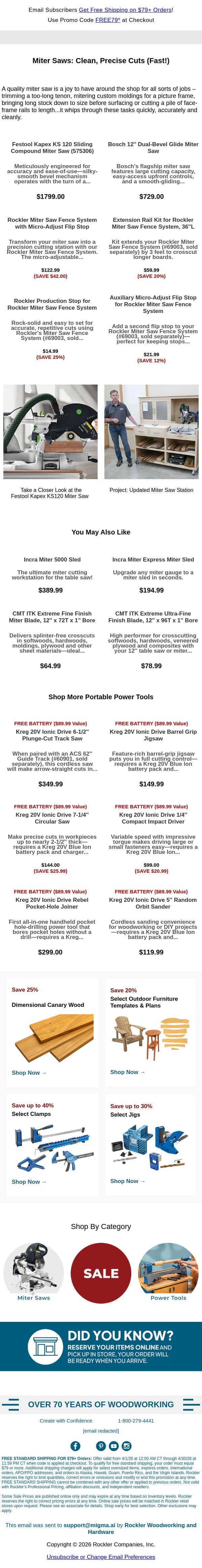 Cut Anywhere: Miter Saws & Portable Power Tools email from Rockler screenshot