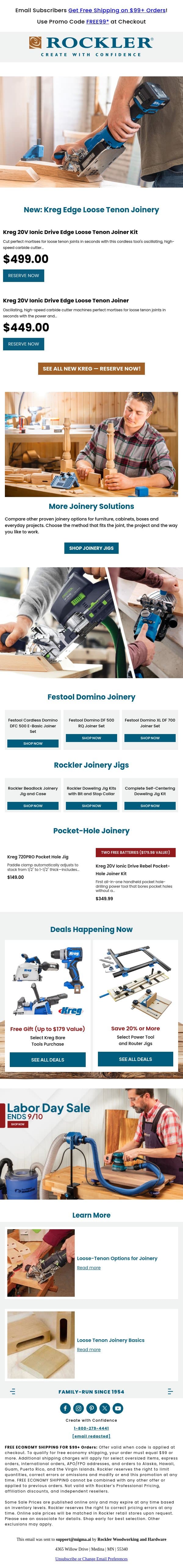 Meet Kreg Edge: Pre-order the New Cordless Joinery System email from Rockler screenshot
