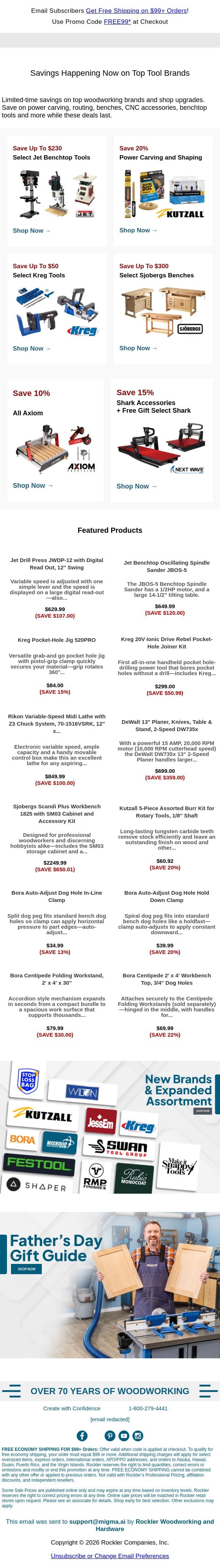Top Brand Offers Happening Now email from Rockler screenshot