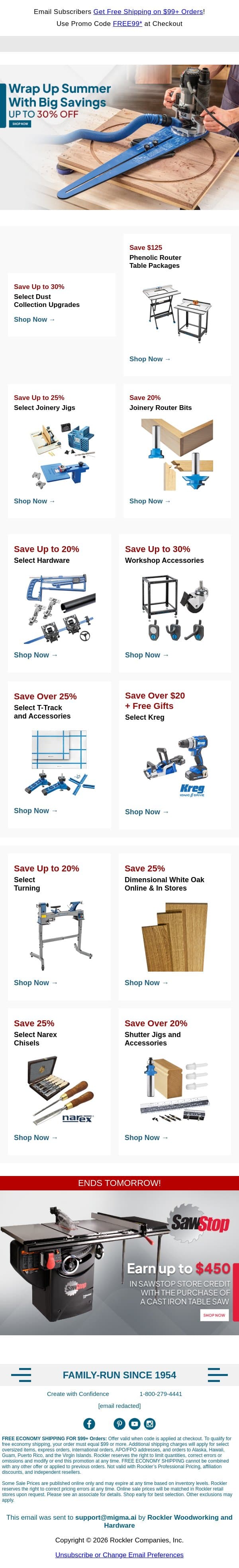 Wrap Up Summer with Big Savings — Up to 30% Off! email from Rockler screenshot