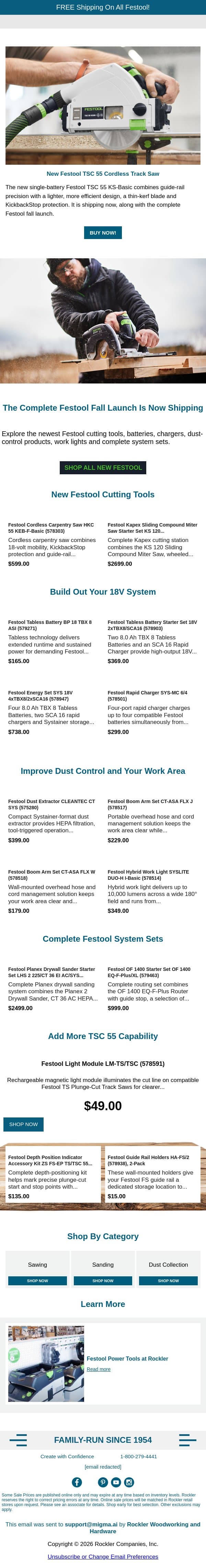 Now Shipping: The New Festool TSC 55 and Fall Tool Launch email from Rockler screenshot