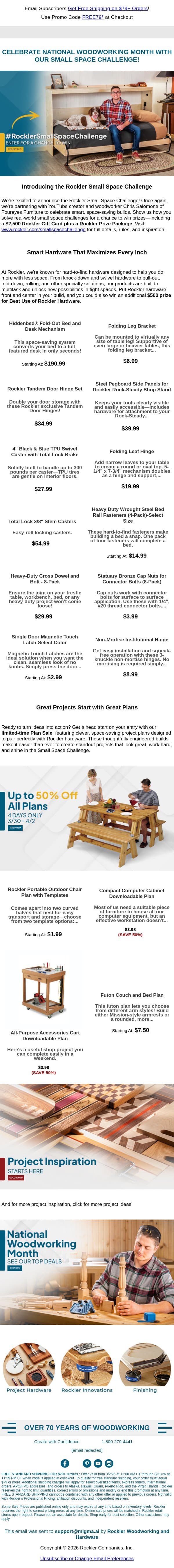 Small Space Challenge is Live + Smart Hardware Solutions email from Rockler screenshot