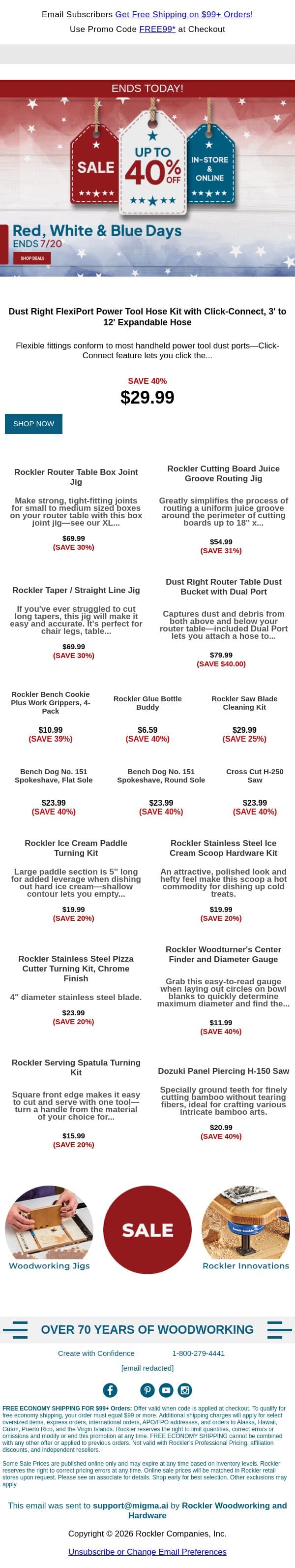 These Deals End Today — Up to 40% Off! email from Rockler screenshot