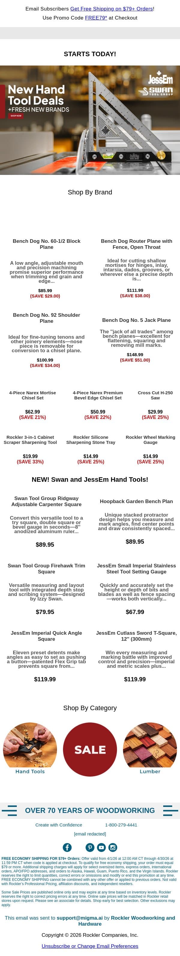 Fresh Hand Tool Deals + New Brands Added! email from Rockler screenshot