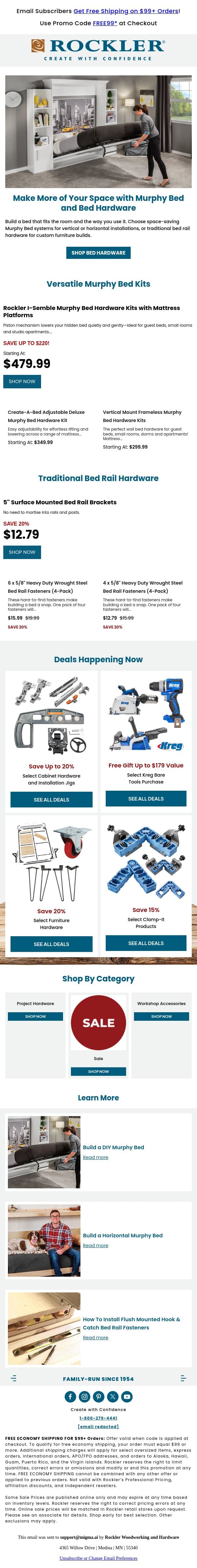 Make More of Your Space: Murphy Bed & Bed Hardware email from Rockler screenshot