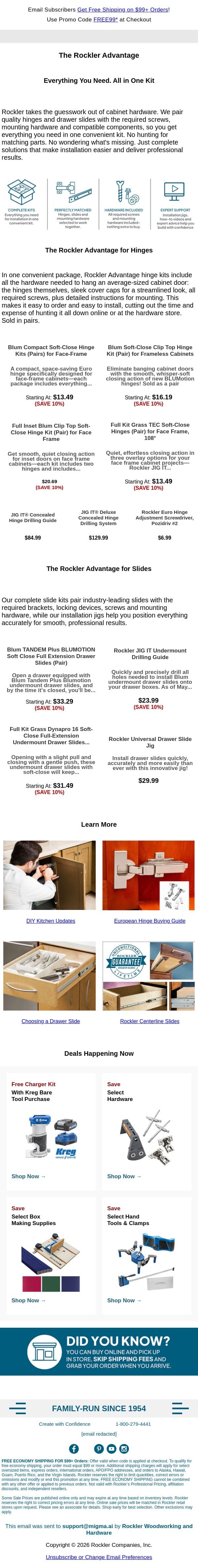 The Rockler Advantage for Cabinet Hardware email from Rockler screenshot