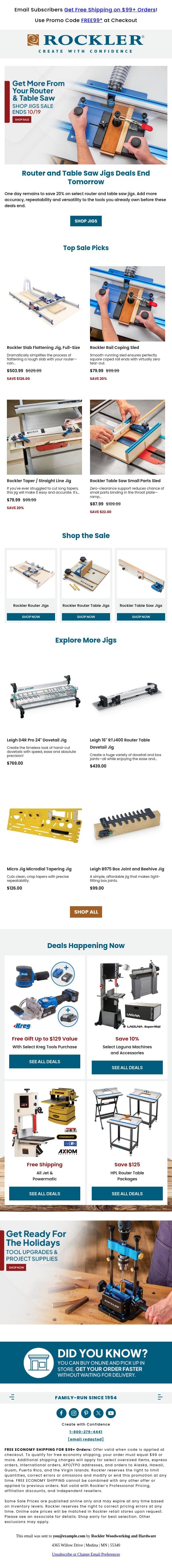 Last Chance: Router and Table Saw Jig Deals End Tomorrow email from Rockler screenshot
